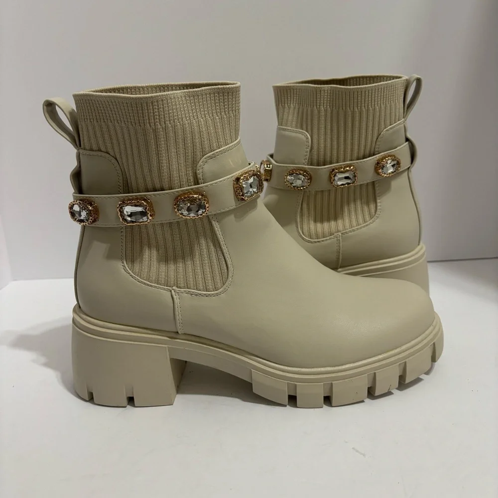 Elegant Cream Ankle Boots with Gemstone Accents